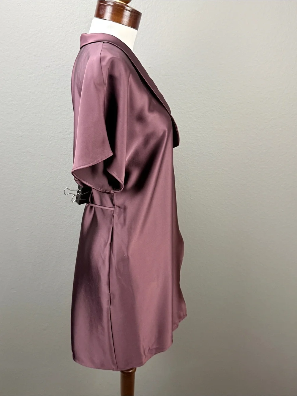 AYR Burgundy Plum Satin Kimono Wrap Mini Dress Shawl Collar Tie Waist Pockets M